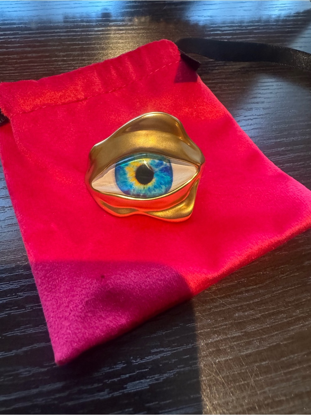 Schiaparelli gold tone Eye Statement Ring with Blue Center adjustable - Picture 6 of 12